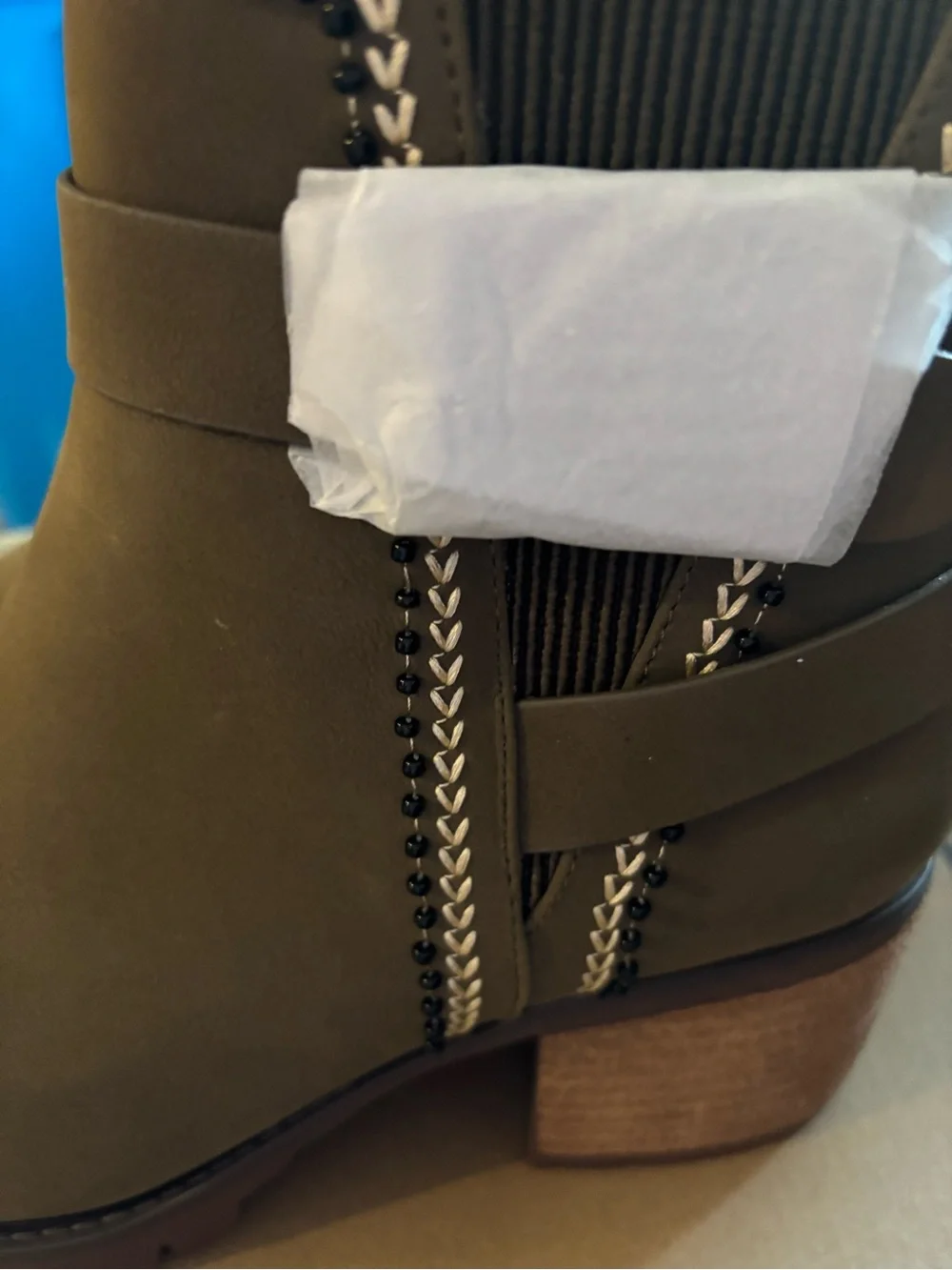 Women's Olive Chunky Ankle Heel Boots  with Decorative Trim. Size 9.